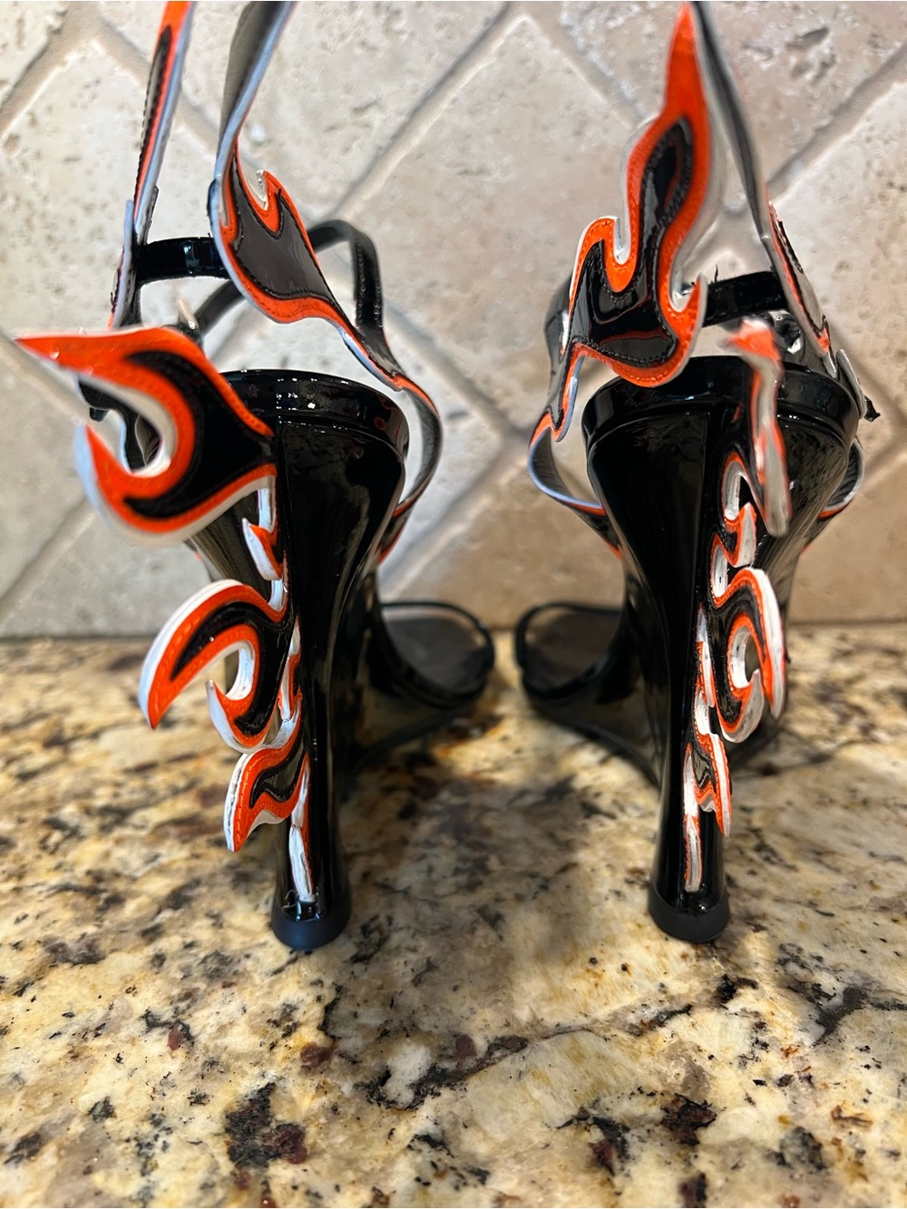 Prada 2018 Flame Detail Black Patent Leather Wedge Sandals w/ Orange Flame - Picture 8 of 14